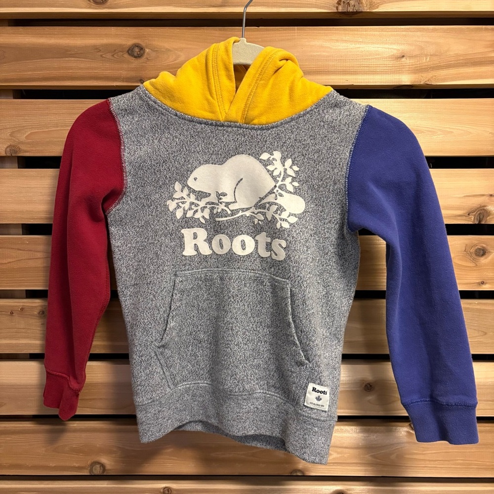 Roots Kids Hoodie Gray and White with Red, Purple, and Yellow Accents